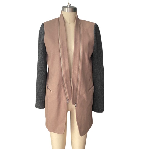 Tibi Camel Cashmere Wool Jacket Blazer with Grey Sleeve  Zip Lapel SZ 2 - Picture 1 of 6